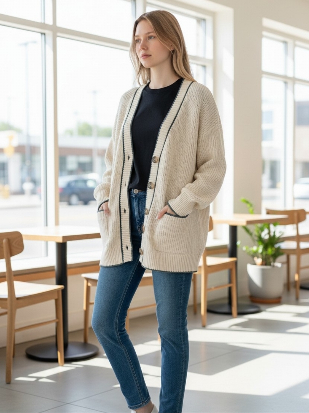 Old Navy Cream Cardigan Sweater with Navy Blue Trim and Front Pockets Medium